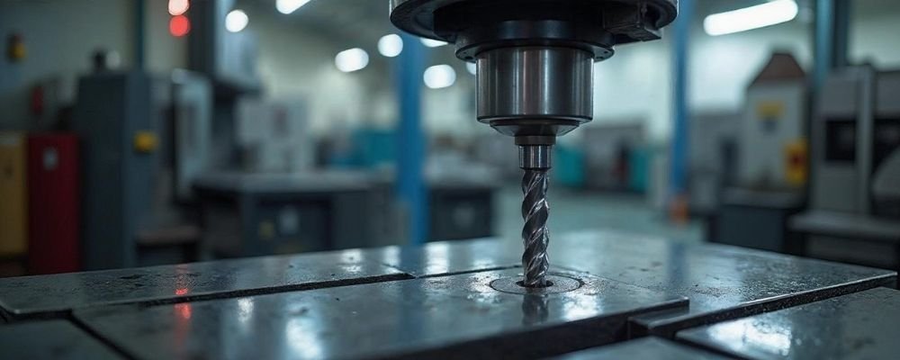 یک دستگاه CNC باکیفیت در حال کار، که یک مته بادوام را نشان می دهد که فلز را با دقت برش می دهد، در یک کارگاه صنعتی تمیز.